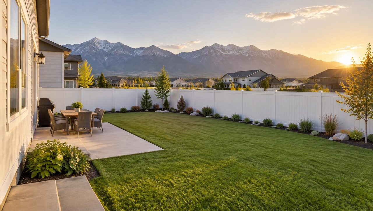 New white vinyl privacy fence around a new-build backyard — fencing in Orem, Utah
