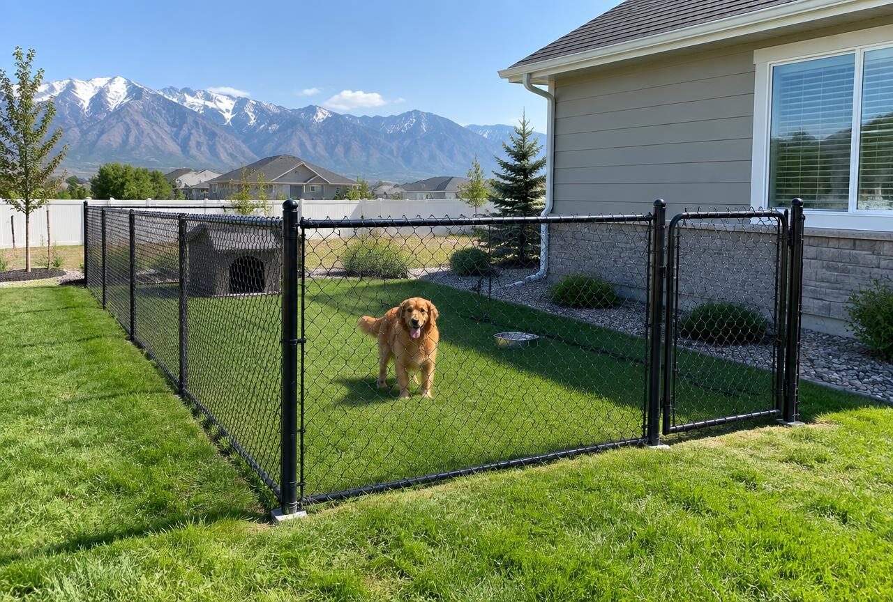 Black chain link fence around a backyard dog run near Orem, Utah