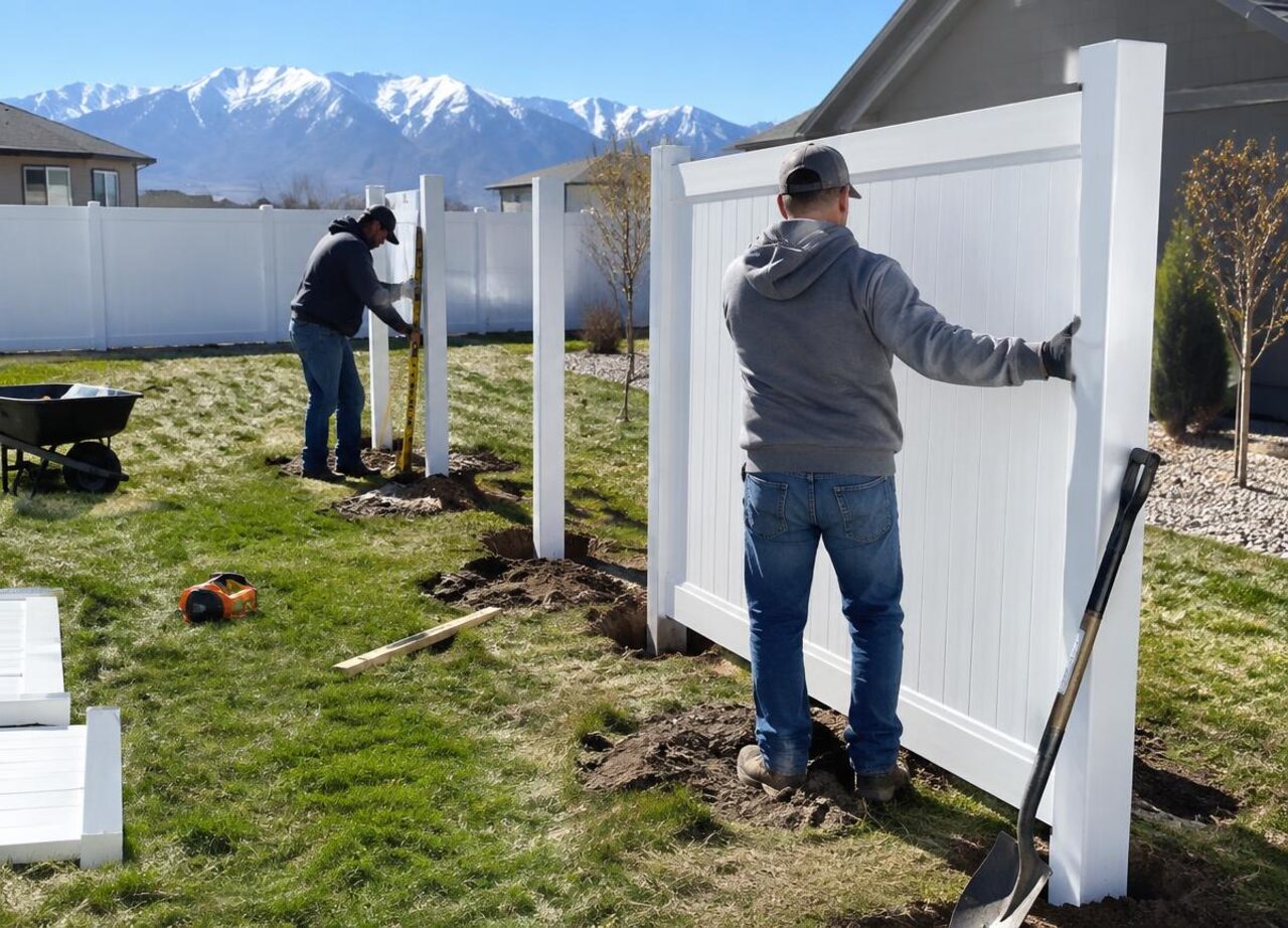 Fence crew installing white vinyl privacy fence panels in Midway, Utah