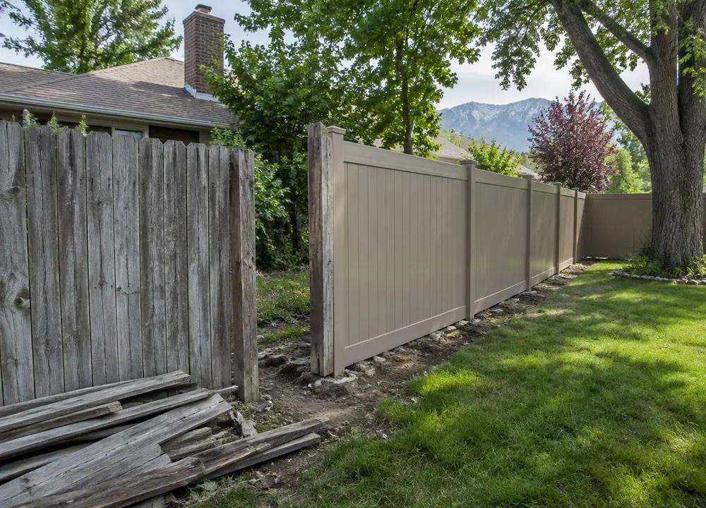 Old weathered wood fence being replaced with a tan vinyl privacy fence in an established Utah neighborhood