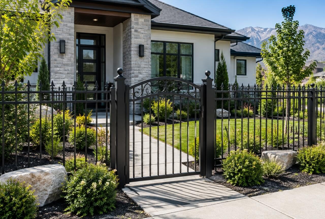 Black ornamental iron fence and gate in front of a home — fencing in Benjamin, Utah