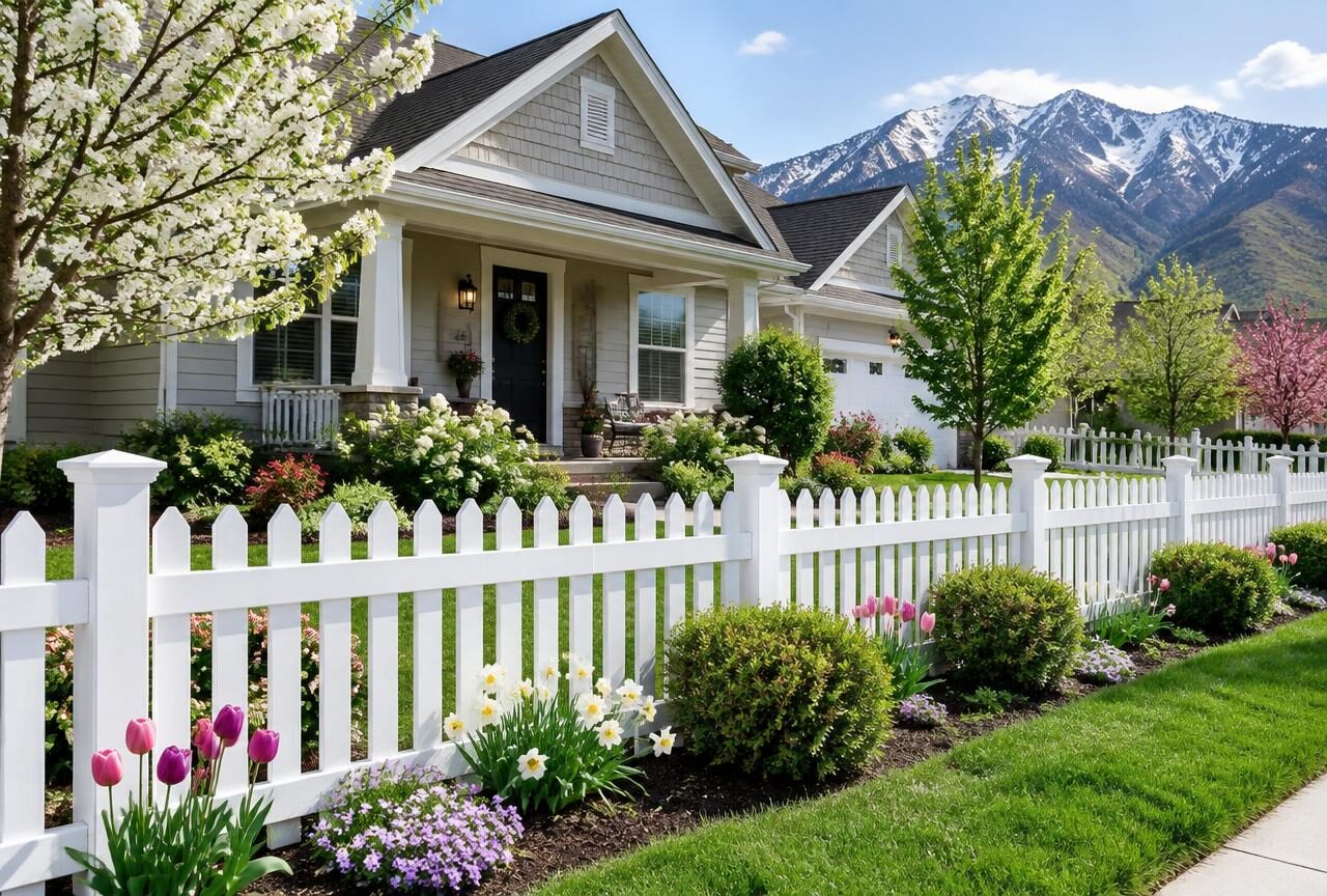 White vinyl picket fence in front of a home in Benjamin, Utah