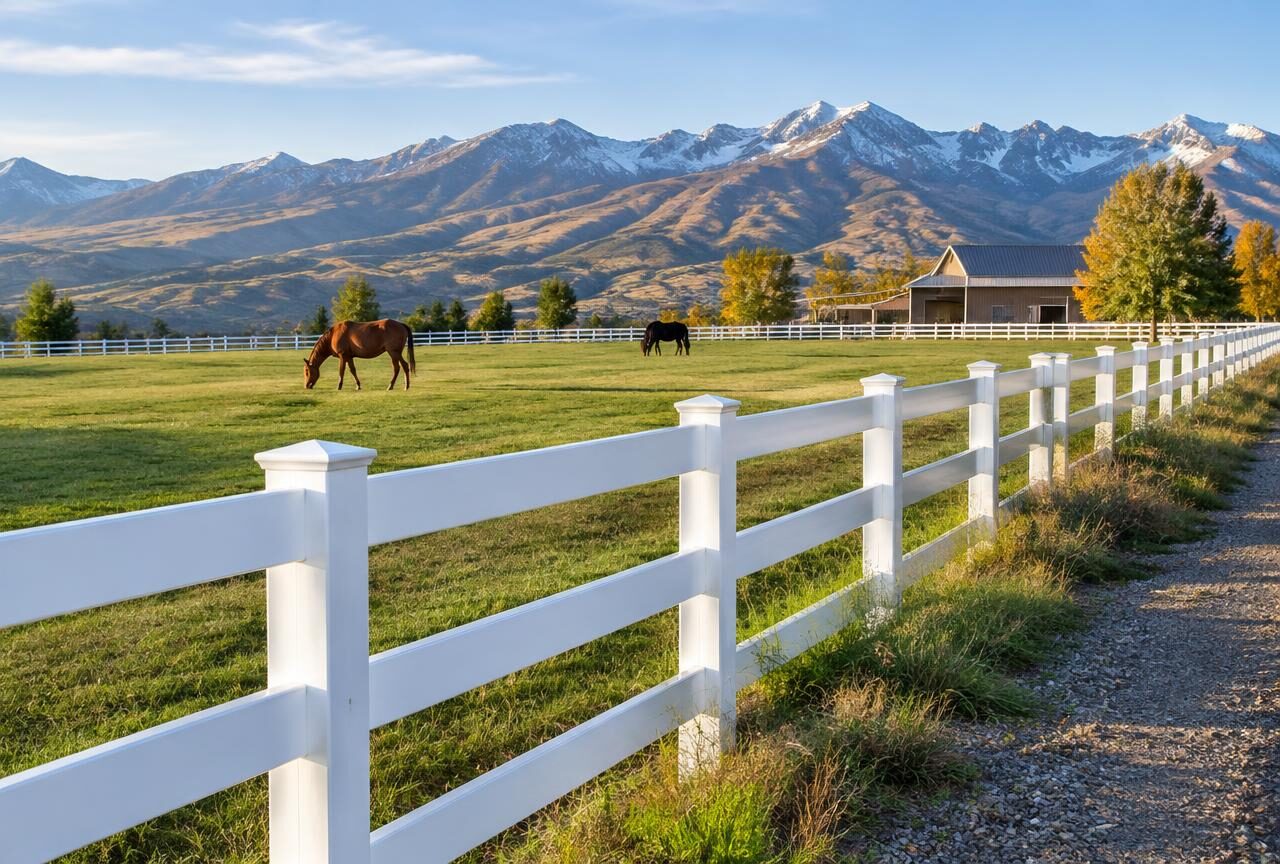White vinyl ranch rail fence on a horse property near Elberta, Utah