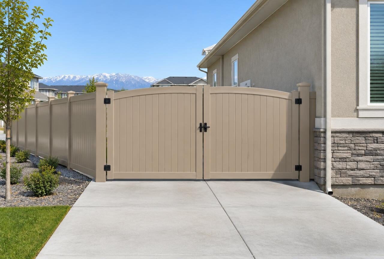 Tan vinyl privacy fence with a double RV gate near Benjamin, Utah